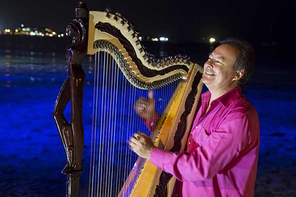 The Musician plays the harp at the Wharf Restaurant